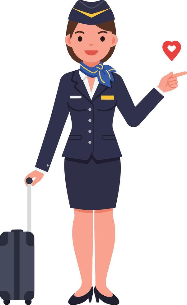 Cheerful flight attendant in a stylish uniform pointing at a heart symbol with a suitcase, flat illustration vector