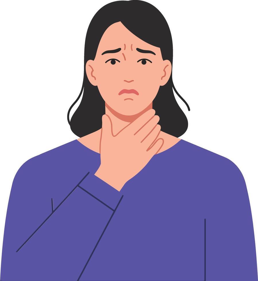 Concerned young woman in purple sweater holding her throat in a flat style illustration, expressing discomfort and worry about her health vector