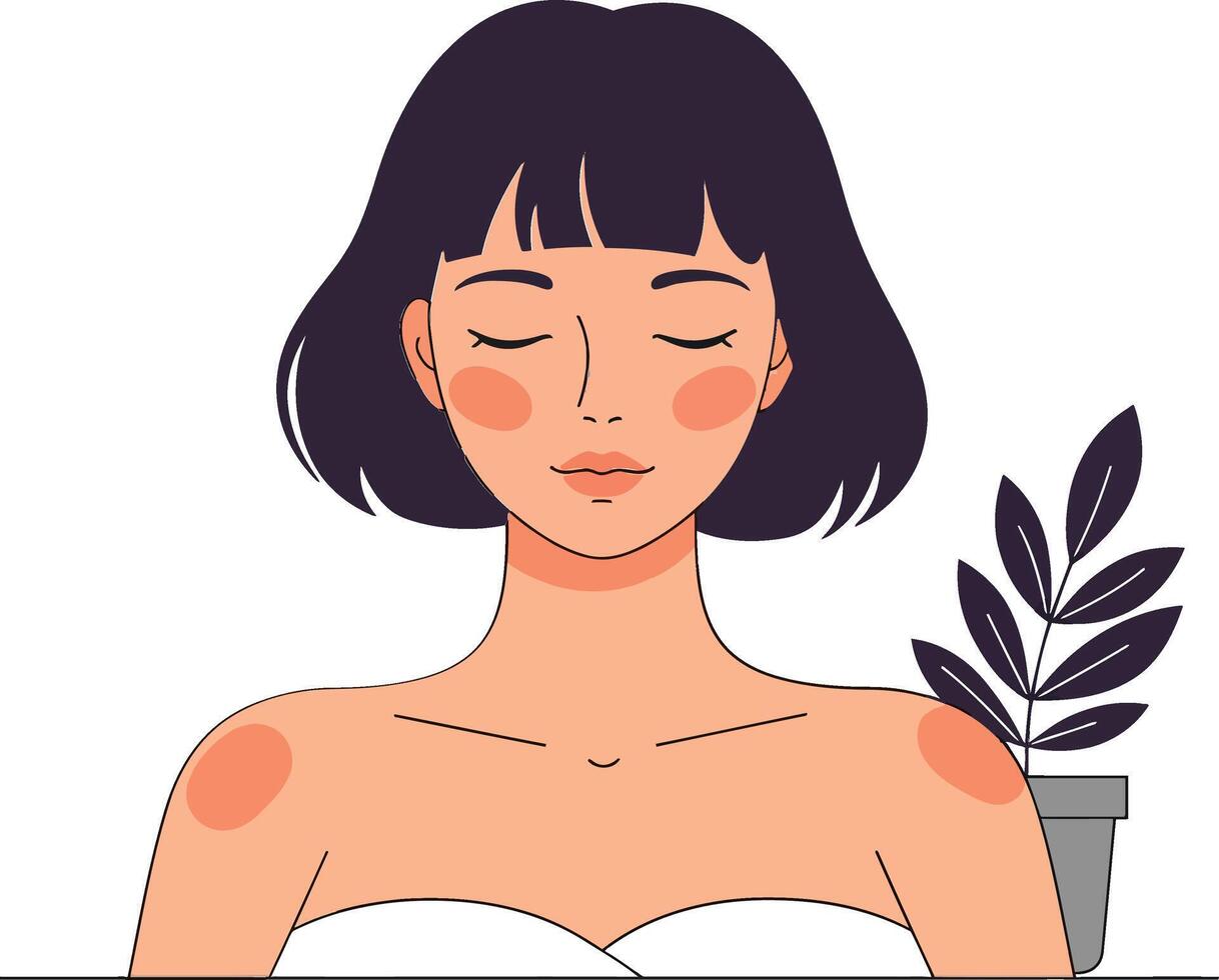 A serene woman with short black hair enjoying a moment of tranquility beside a potted plant in a minimalistic flat illustration vector