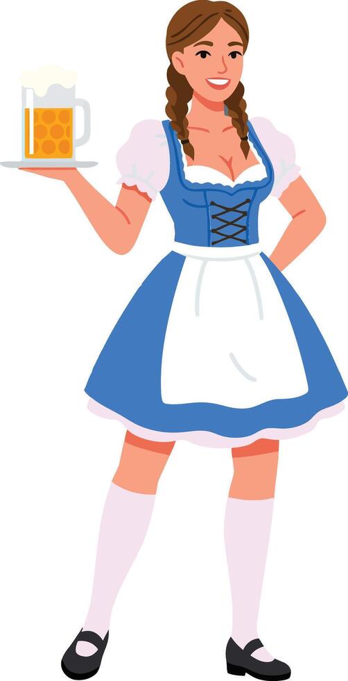 Cheerful woman in traditional attire holding a beer mug on a tray, flat design illustration vector