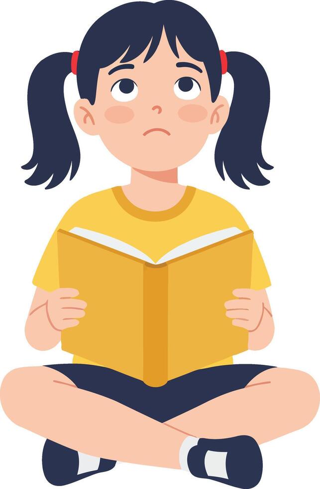 A young girl sitting cross-legged, reading a yellow book with curiosity, in a flat design style, conveying a sense of wonder and exploration, illustration vector