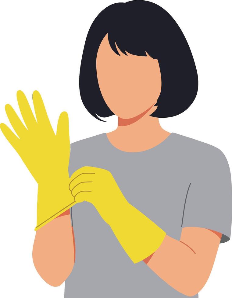 Woman wearing yellow rubber gloves while preparing to clean in a minimal flat design art vector