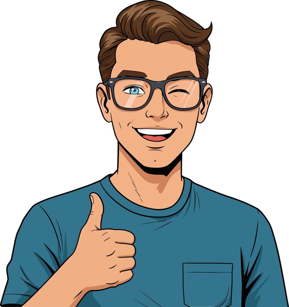 Young man with glasses smiling and giving a thumbs up in a cheerful flat illustration vector