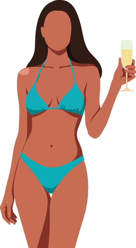 Woman in a turquoise bikini holding a champagne flute, standing confidently with a joyful expression in a flat illustration vector