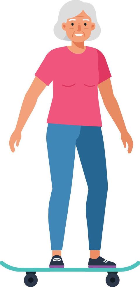 An elderly woman joyfully balancing on a skateboard in a vibrant flat design style representing active lifestyle art vector