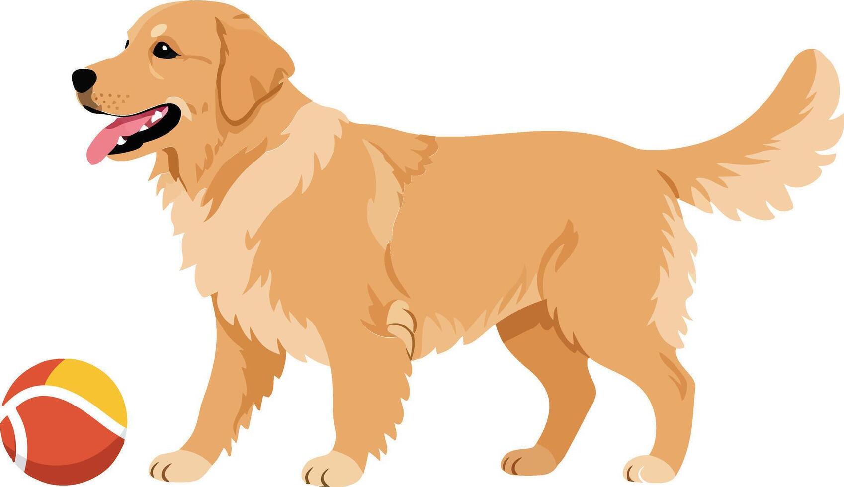 Golden retriever happily playing with a colorful ball in a sunny outdoor setting, showcasing a flat design illustration vector