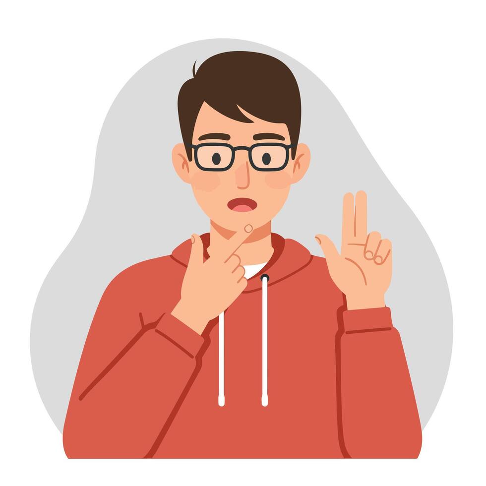 Thoughtful young man in red hoodie contemplating with raised hand in minimal flat illustration vector