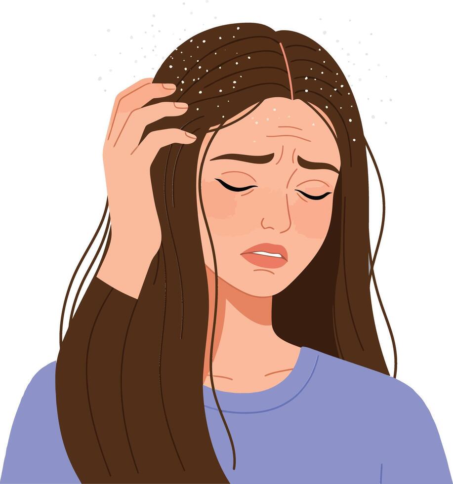 A distressed young woman with long brown hair, expressing sadness with a hand on her head in a flat illustration vector