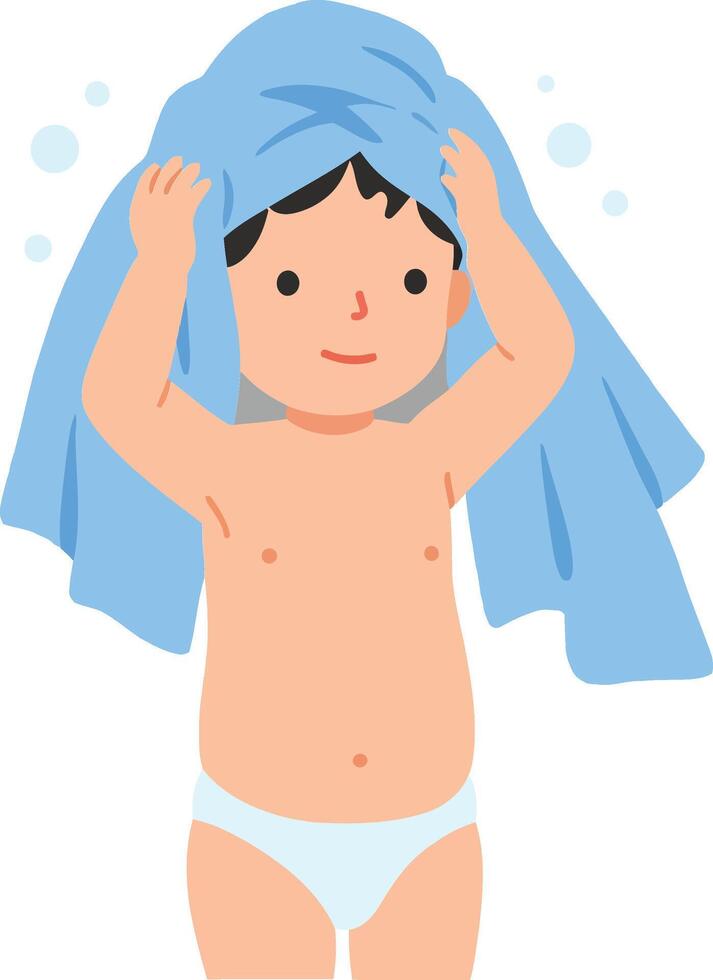 Happy young boy playfully drying himself with a blue towel after a bath in a minimal flat design art vector
