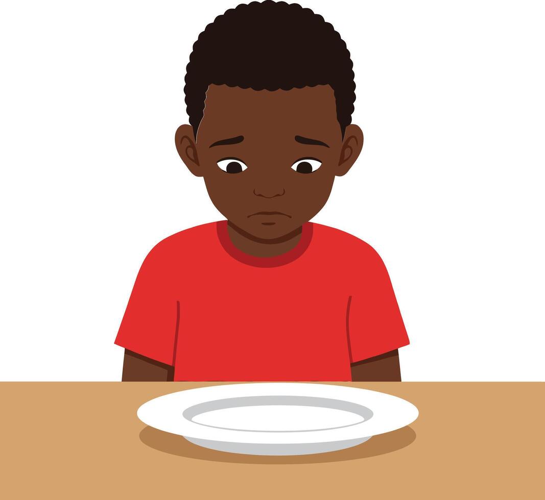 A young boy with a solemn expression sitting at a wooden table staring at an empty plate in a flat illustration vector