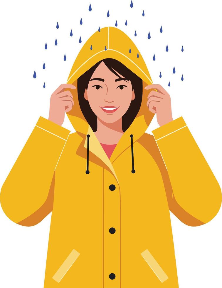 Cheerful woman wearing a bright yellow raincoat under falling raindrops in a flat illustration showcasing joy and resilience in rainy weather vector