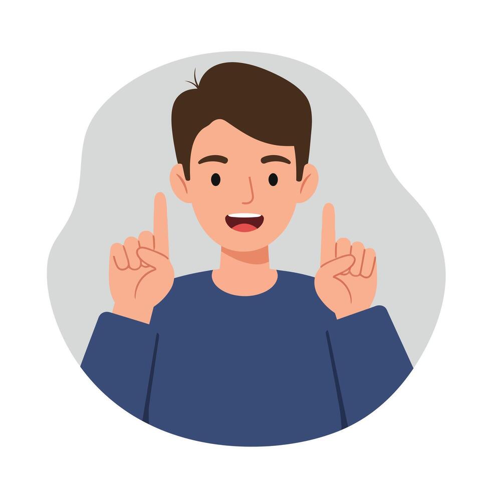 Young man with brown hair smiling and gesturing with raised fingers in a flat design style illustration vector