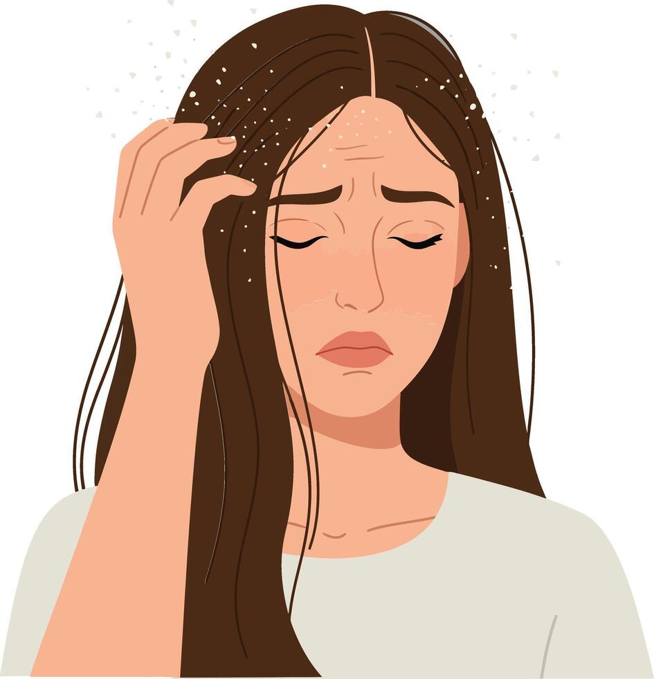 A woman with long brown hair expressing concern and stress in flat design style illustration vector