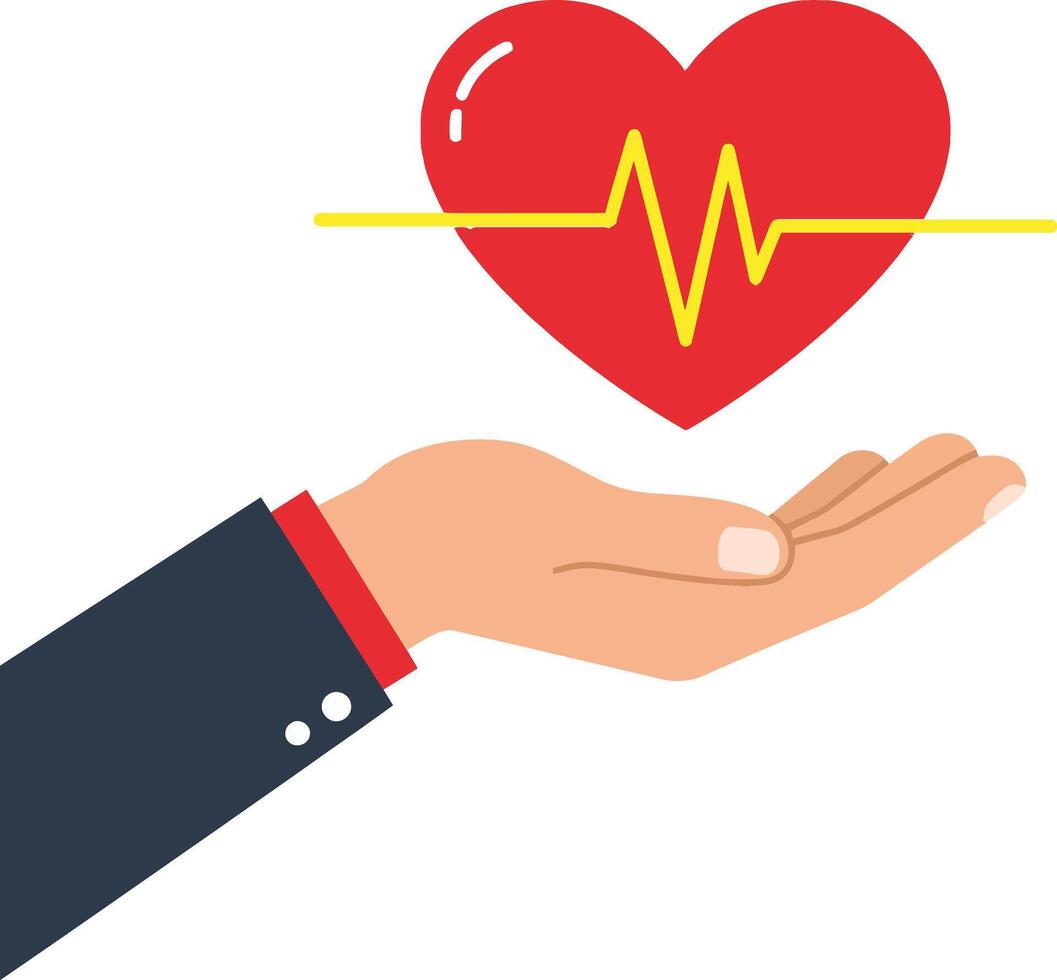 Hand holding a heart symbol with heartbeat line in flat style illustration conveying health and care in a vibrant design vector