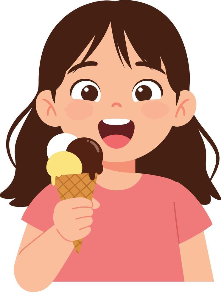 Happy young girl with brown hair enjoying a delicious ice cream cone in a flat illustration showcasing joy and delight in a playful setting vector