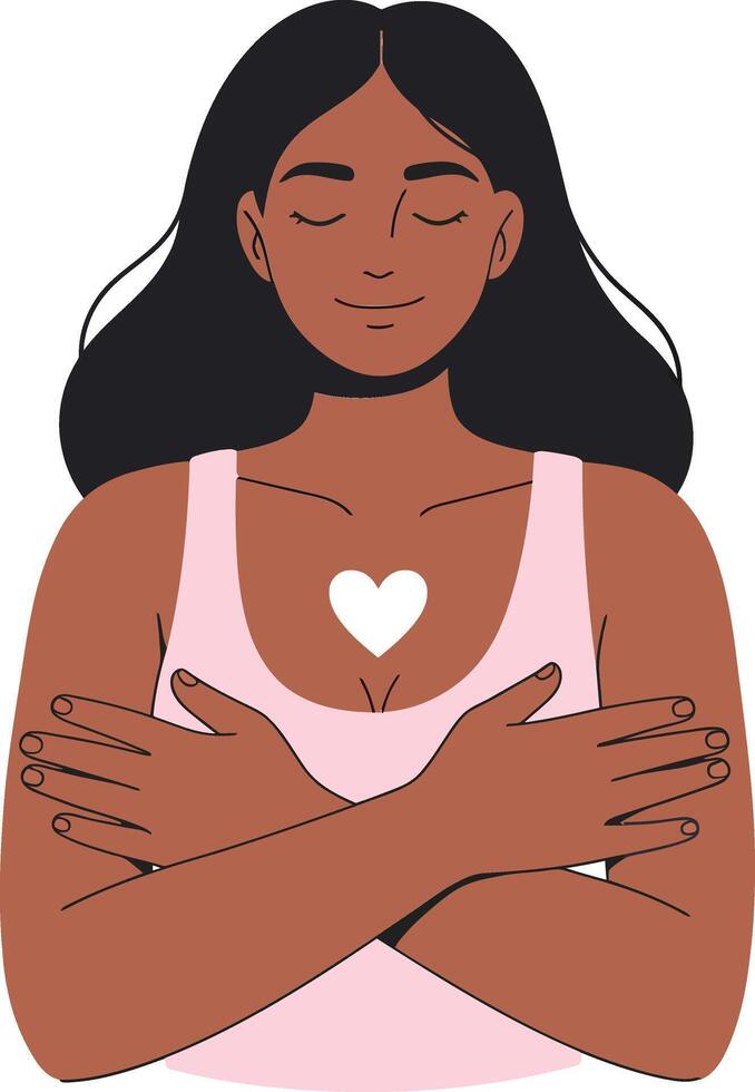 A woman embracing herself with a soft smile, showcasing self-love in a minimal flat design illustration vector