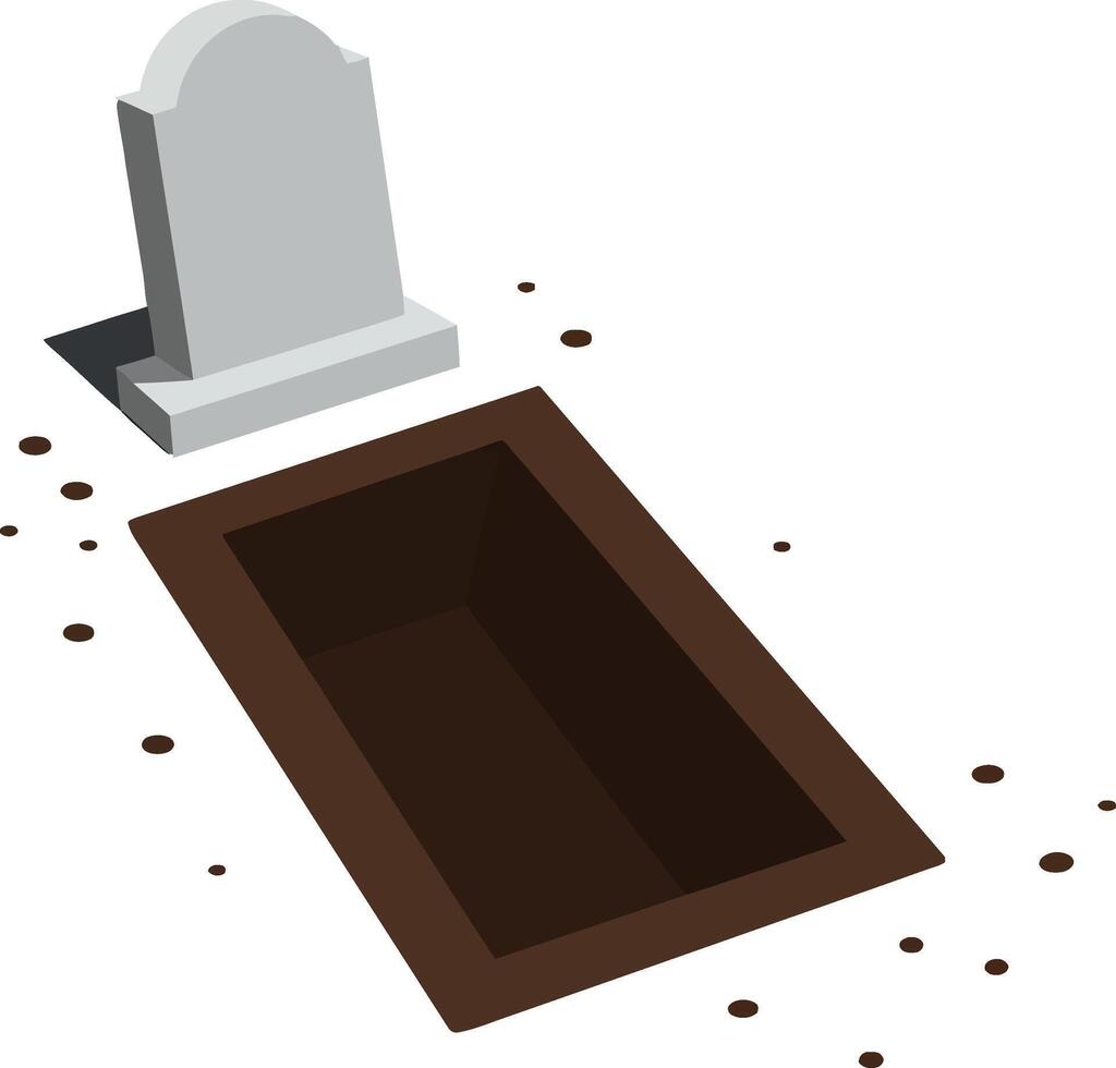 A solemn grave site featuring a grey tombstone beside an open, brown grave in a minimal, flat design style illustration vector