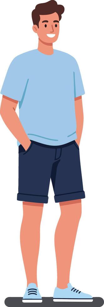 Young man standing casually with hands in pockets, wearing light blue t-shirt and shorts in a flat illustration vector
