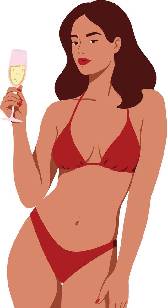 Confident woman in a red bikini holding a glass of champagne in a relaxed beach setting, flat illustration vector