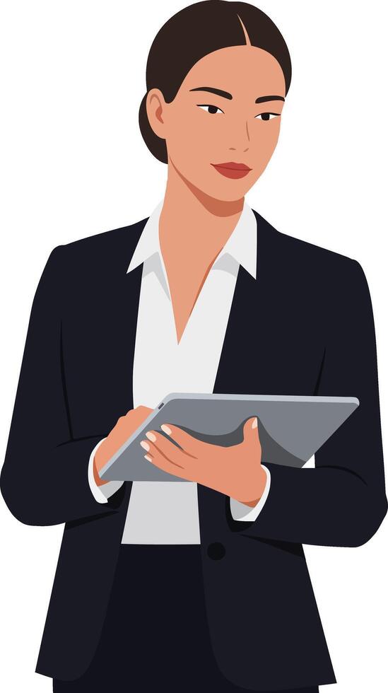 Confident businesswoman in a tailored suit holding a tablet with a focused expression in a flat illustration vector