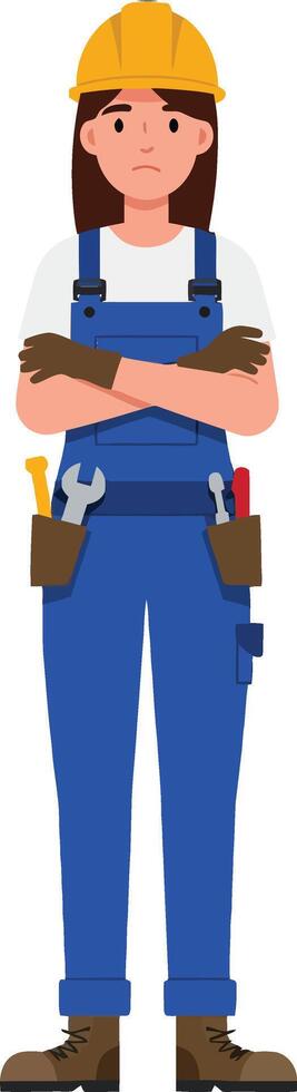 A confident female construction worker wearing a yellow hard hat and blue overalls stands with arms crossed, showcasing a flat and minimal illustration of empowerment in labor settings. vector