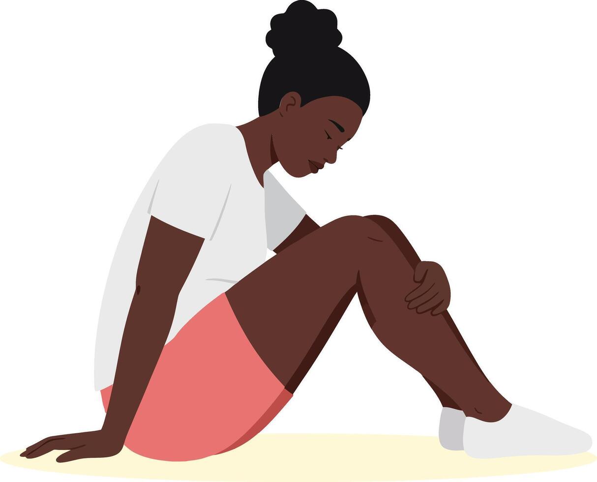 A young woman sitting on the floor with her knees drawn up, showcasing a minimal and thoughtful design style in illustration vector