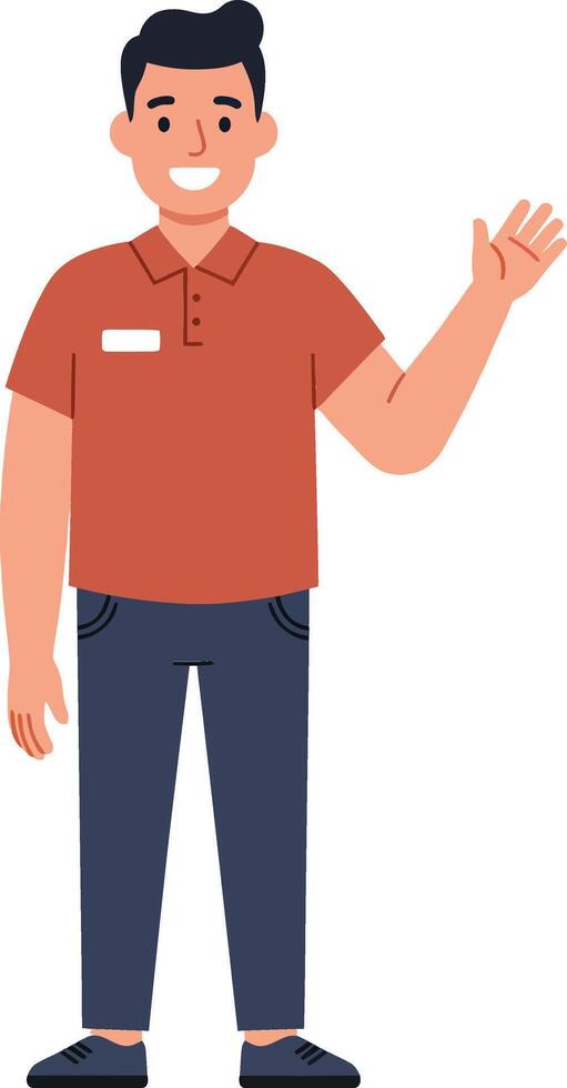 Friendly young man in a casual orange polo shirt waving with a bright smile in a minimal illustration vector