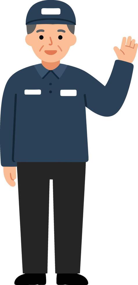 Friendly elderly man in a blue uniform waving, flat design illustration showcasing warmth and approachability in a simple setting vector