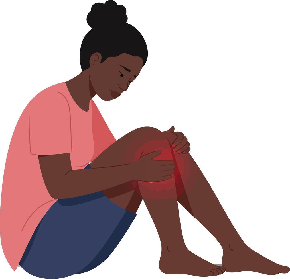 A young woman sitting on the floor, holding her knee in pain, depicted in a minimal flat design style, illustration vector