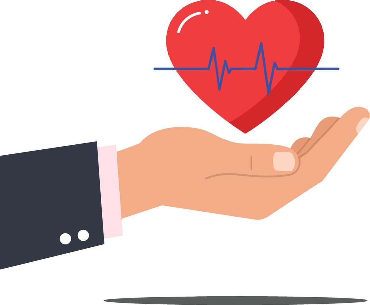 A hand presenting a red heart with a heartbeat line in a flat design style representing health and care in vibrant art vector