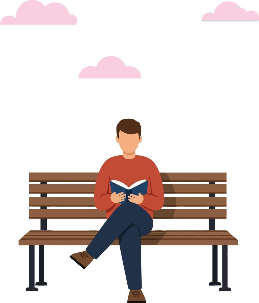 A young man reading a book on a wooden bench beneath soft pink clouds in a minimal, flat illustration vector