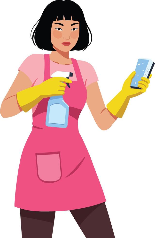 A woman in a pink apron holding a spray bottle and squeegee showcasing detailed flat illustration of cleaning activities with a cheerful expression vector