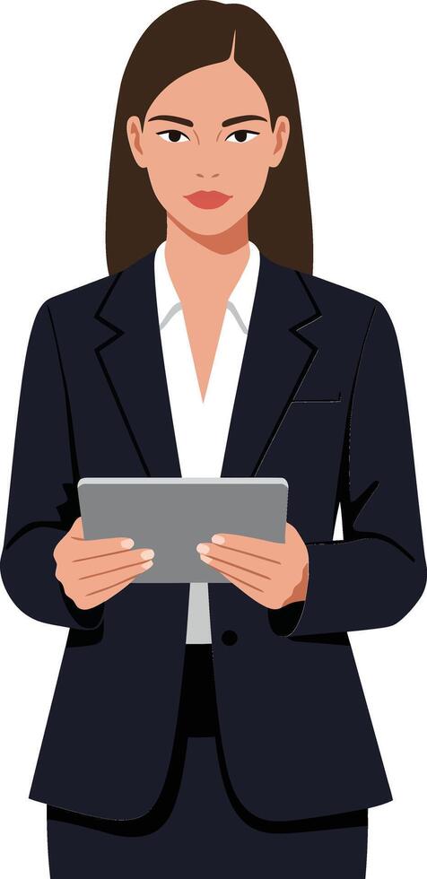 Professional businesswoman in a sleek black suit holding a tablet, minimal flat design illustration showcasing confidence and modernity in a corporate setting vector