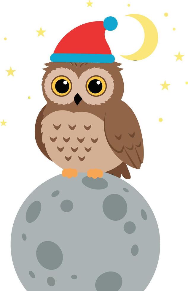 Adorable owl wearing a red hat perched on a gray moon under a starry night sky in a playful flat illustration vector