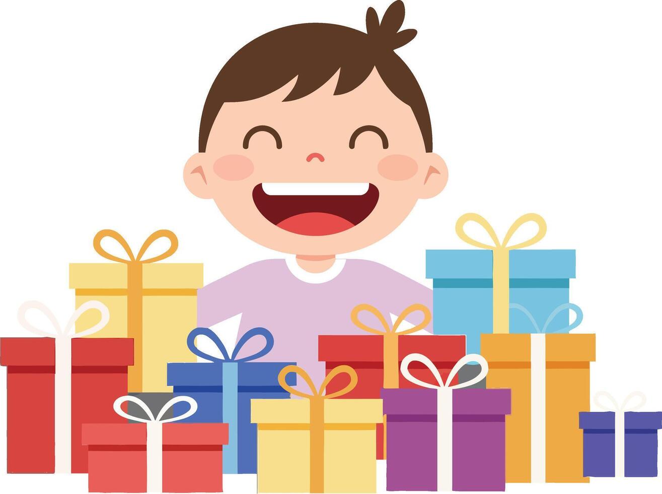Happy child surrounded by colorful gift boxes in a flat, cheerful design style illustration vector