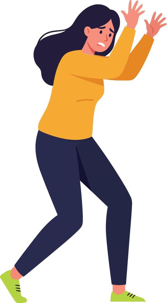 A cheerful woman in a yellow sweater playfully dancing with excitement in a minimal, vibrant design style art vector