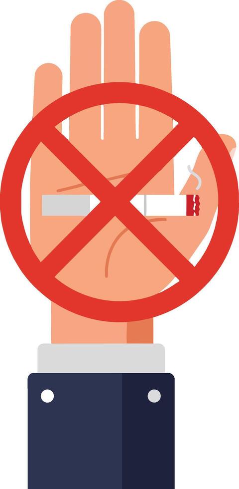 Hand showing a no smoking sign with a cigarette crossed out in a flat, minimal design style art vector