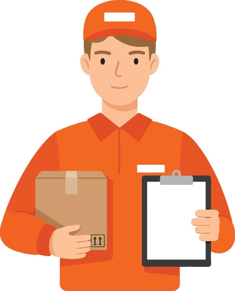 Delivery person in bright orange uniform holding a package and clipboard in a flat illustration style showcasing professionalism and efficiency in logistics art vector