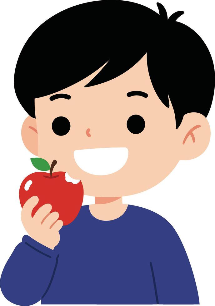Happy young boy smiling while holding a red apple in a flat, minimal style illustration vector