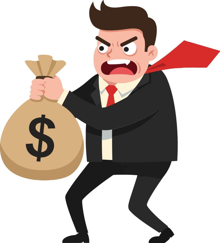 Angry businessman in a black suit holding a money bag while shouting in a dramatic flat illustration vector