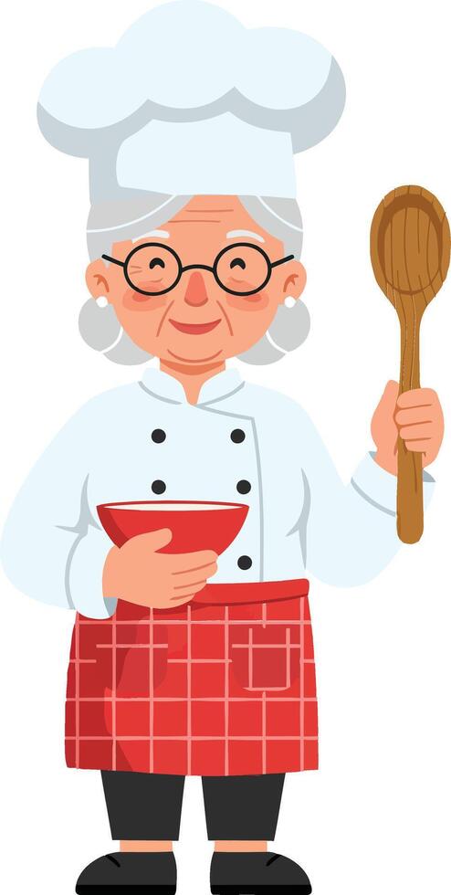 Cheerful elderly woman with glasses wearing a chef hat and apron, holding a wooden spoon and bowl in a vibrant flat illustration vector