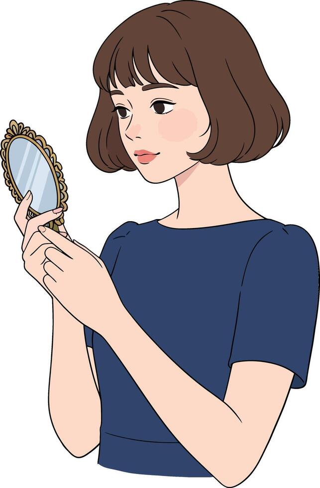 Young woman with short brown hair admiring her reflection in an ornate hand mirror, showcasing a flat, minimalist design style in art vector