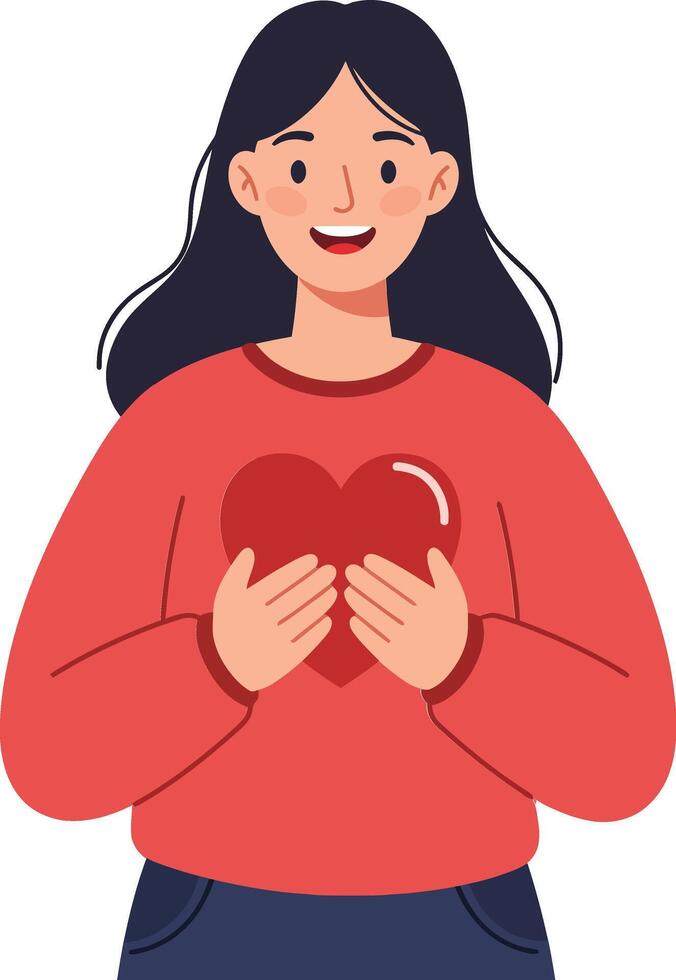 A cheerful woman in casual attire holding a bright red heart symbol in a minimal flat design illustration vector