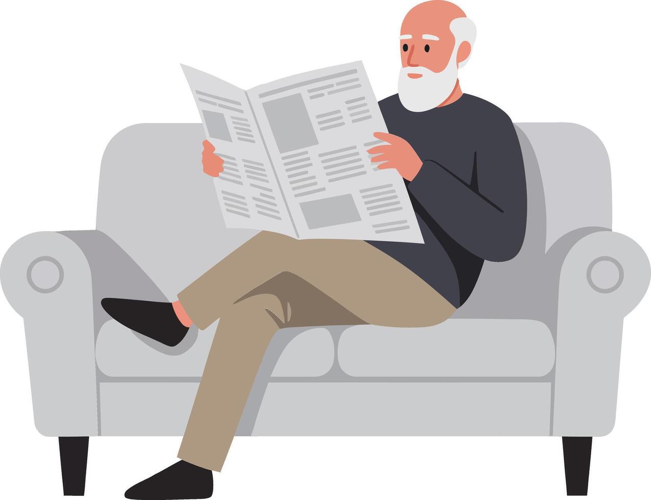 An elderly man sitting comfortably on a grey couch reading a newspaper in a flat design illustration vector