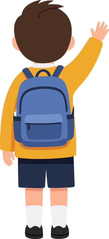 A young boy waving goodbye while wearing a blue backpack, minimal flat design style, cheerful and playful atmosphere, illustration vector