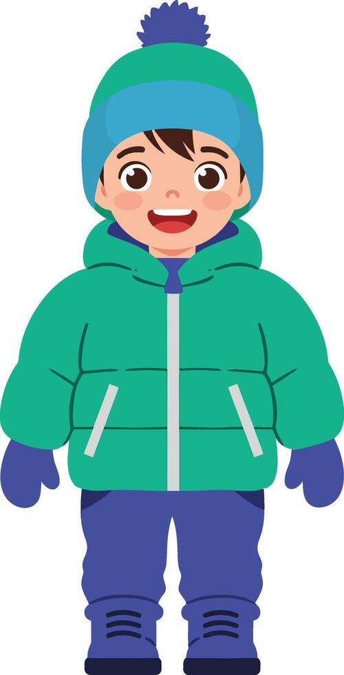 A cheerful young boy in a green puffer jacket and blue snow pants wearing a matching hat and gloves, designed in a minimal illustration style vector