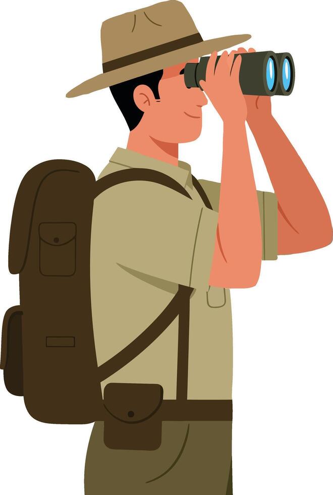 A park ranger observing wildlife through binoculars while wearing a hat and carrying a backpack in a flat illustration vector