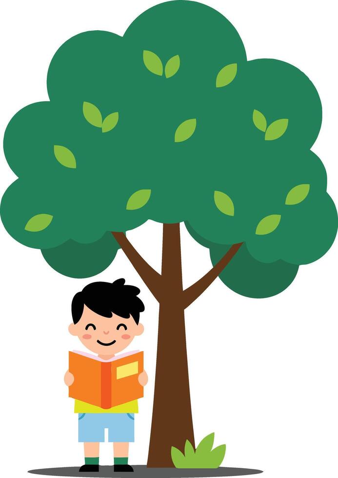 Happy boy reading a book under a lush green tree in a cheerful flat illustration vector