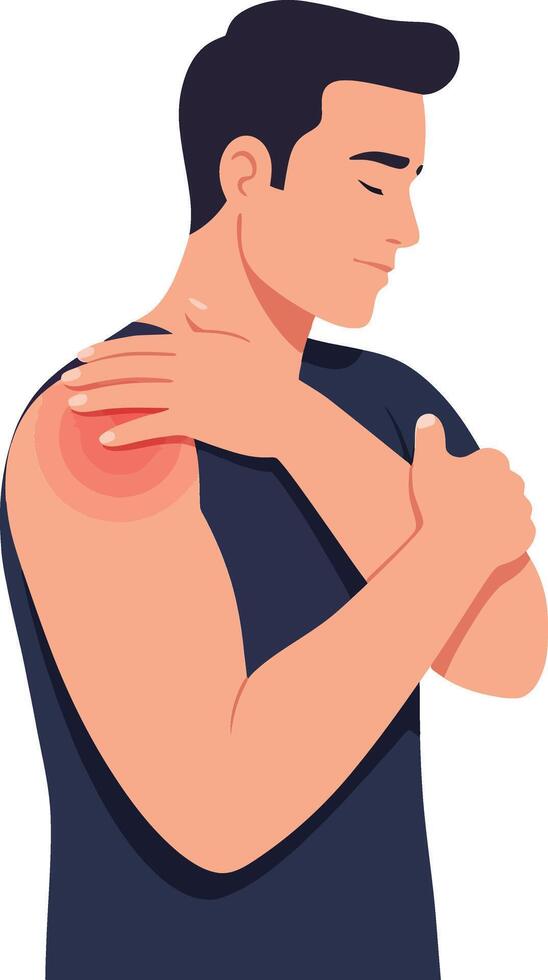 A young man in a dark shirt rubbing his shoulder with a pained expression, showcasing discomfort in a flat illustration style depicting physical strain and tension vector