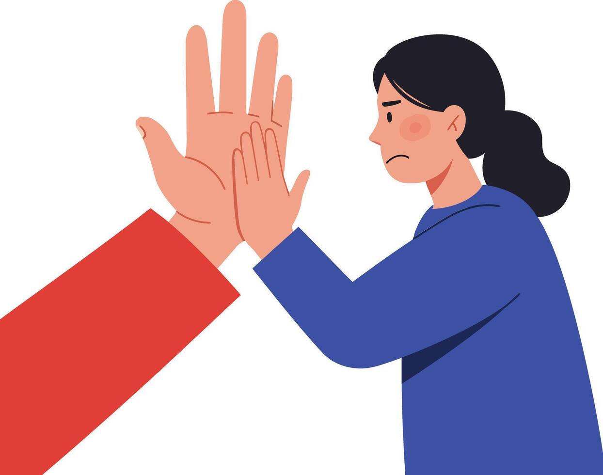 Woman expressing resistance in a tense moment with a red hand gesture in a flat style illustration vector